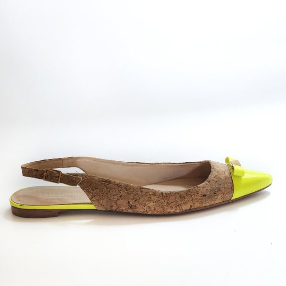 KATE SPADE Ginny Pointed Toe Kork Flat Slingback Sandals Bow Neon Yellow - Picture 4 of 7